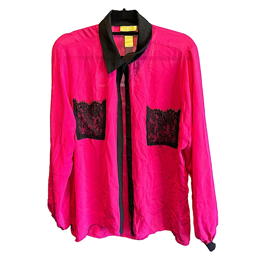 Pink Button Up Tunic Blouse Sheer Top Black Eyelash Lace Pockets by Tina Knowles